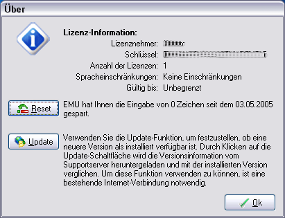 EMU Einstellwerkzeug / Lizenzinformationen und Statistik